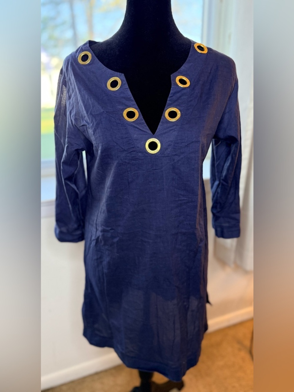 Michael Kors swim cover up tunic v neck gold tone logo grommet preppy chic sm EC